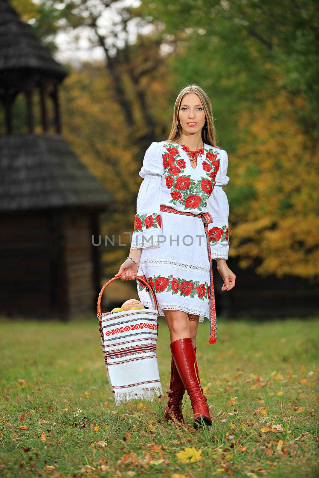 Portrait of beautiful young woman in Ukrainian style clothing