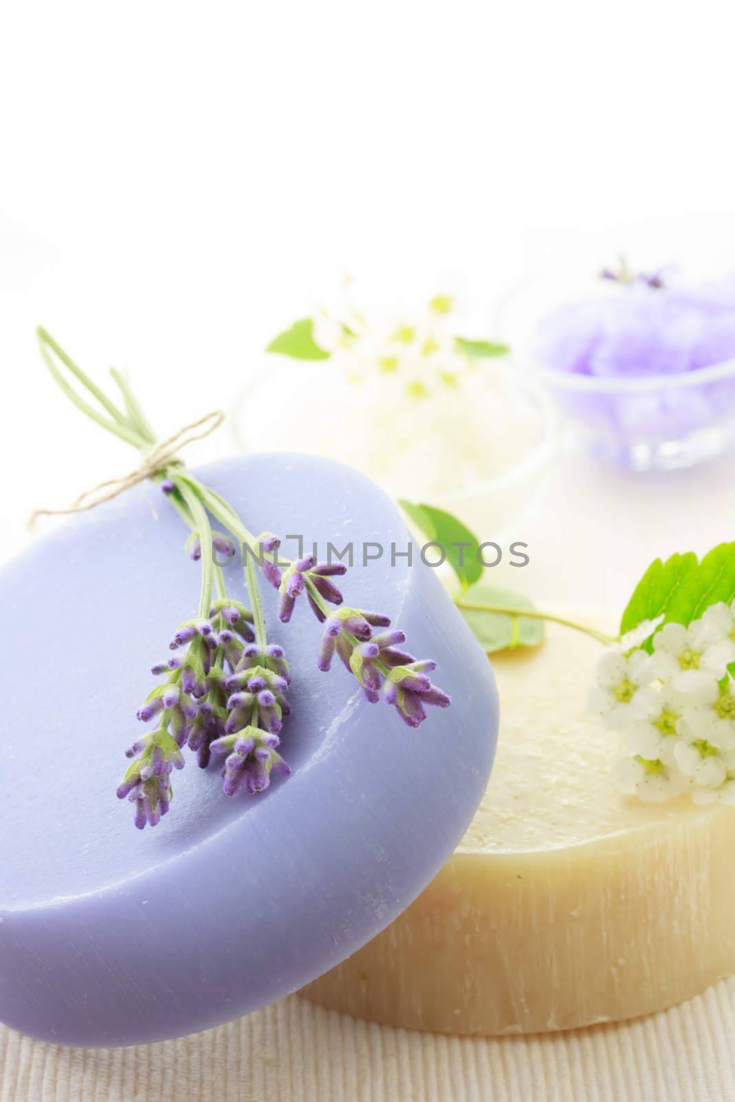 Handmade soap with fresh lavenders, white flowers and bath salt