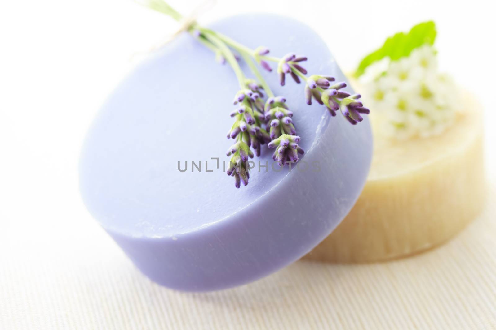 Handmade soap with fresh lavenders and white flowers