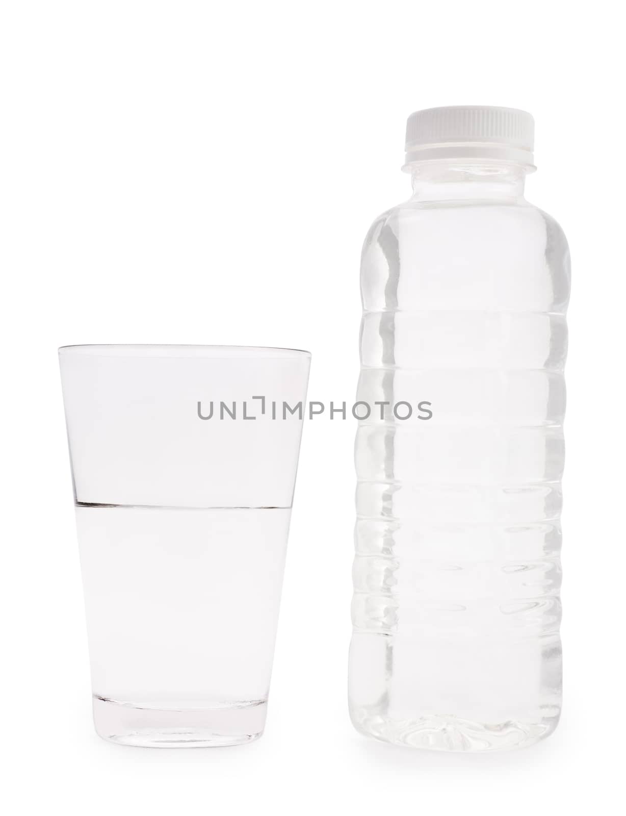 transparent plastical bottle and glass with water isolated