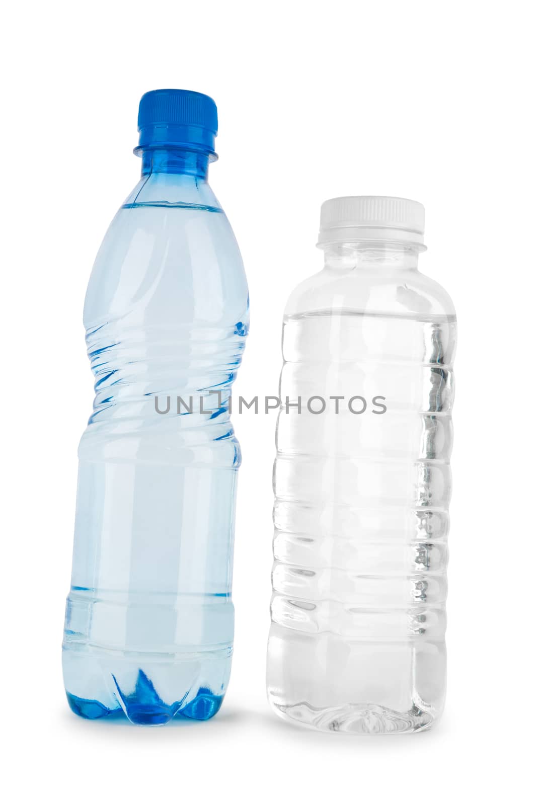 two blue and noncolored bottle with water isolated