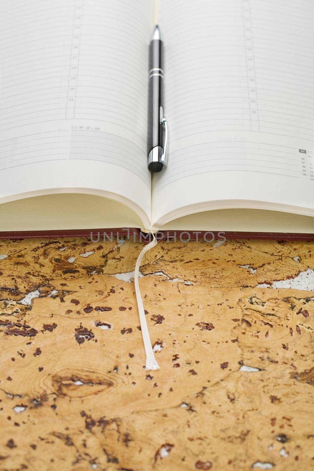 pen and diary on cork wood