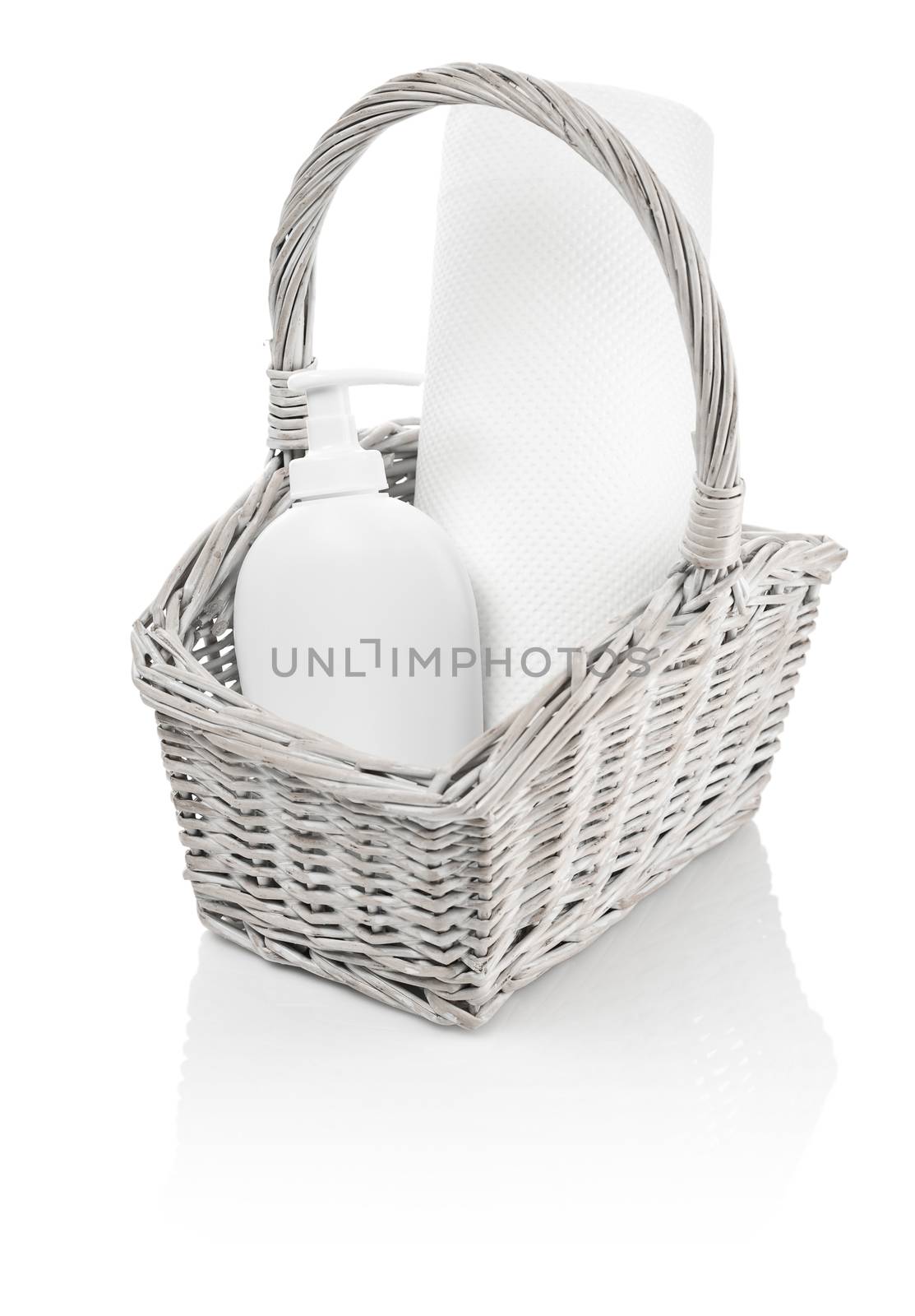 basket with bottle and paper towel