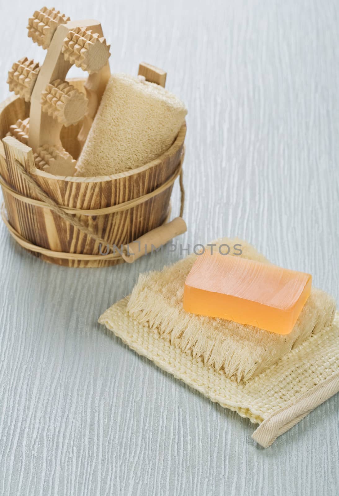 bucket and soap on bast