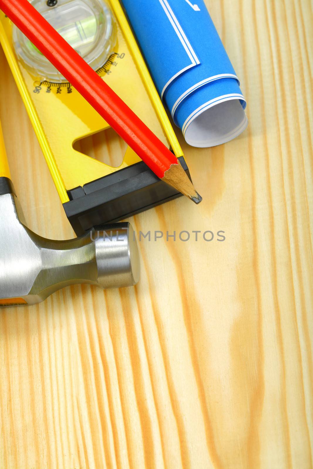 closeup working tools on wooden boards