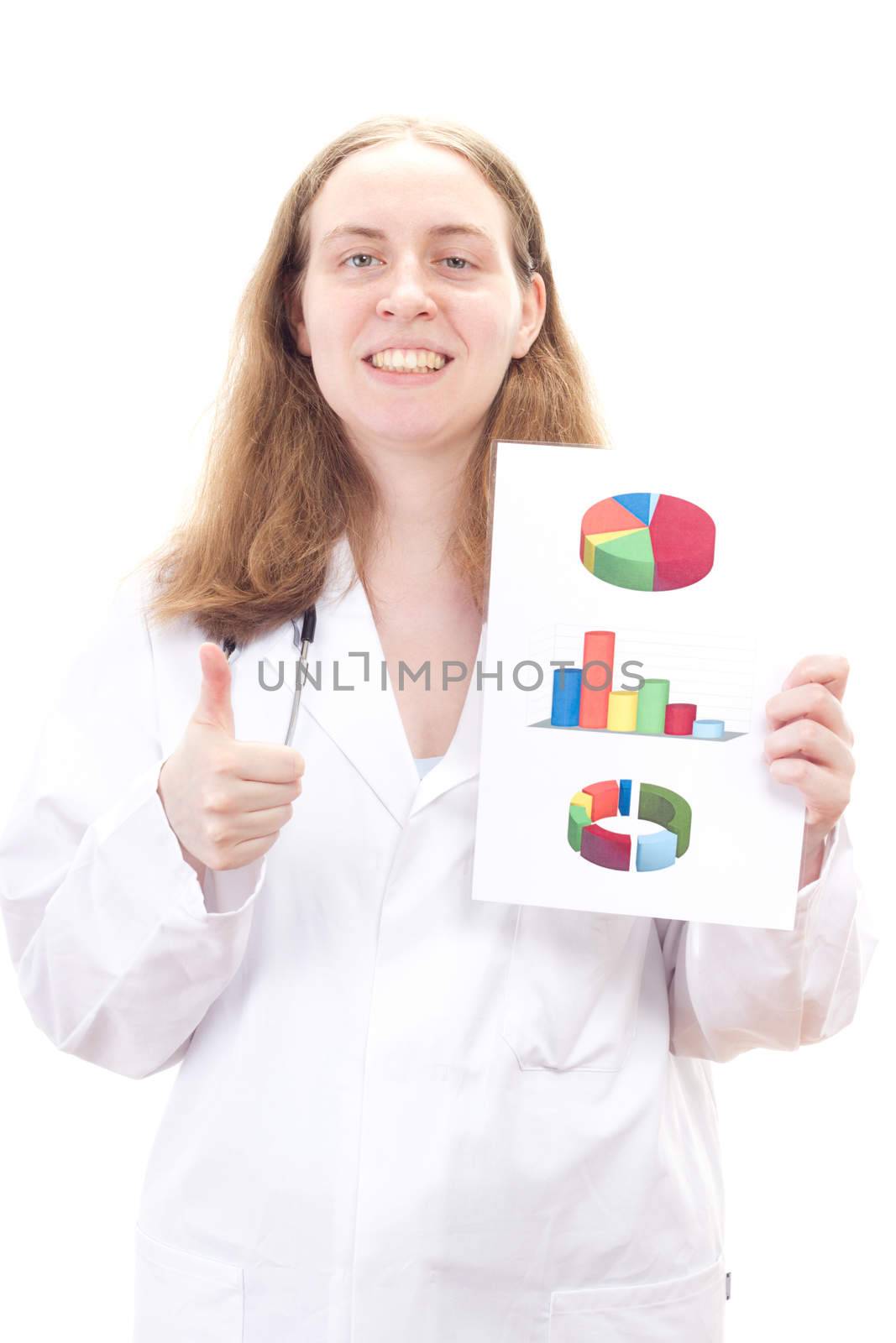 Professional doctor with statistics showing thumb up