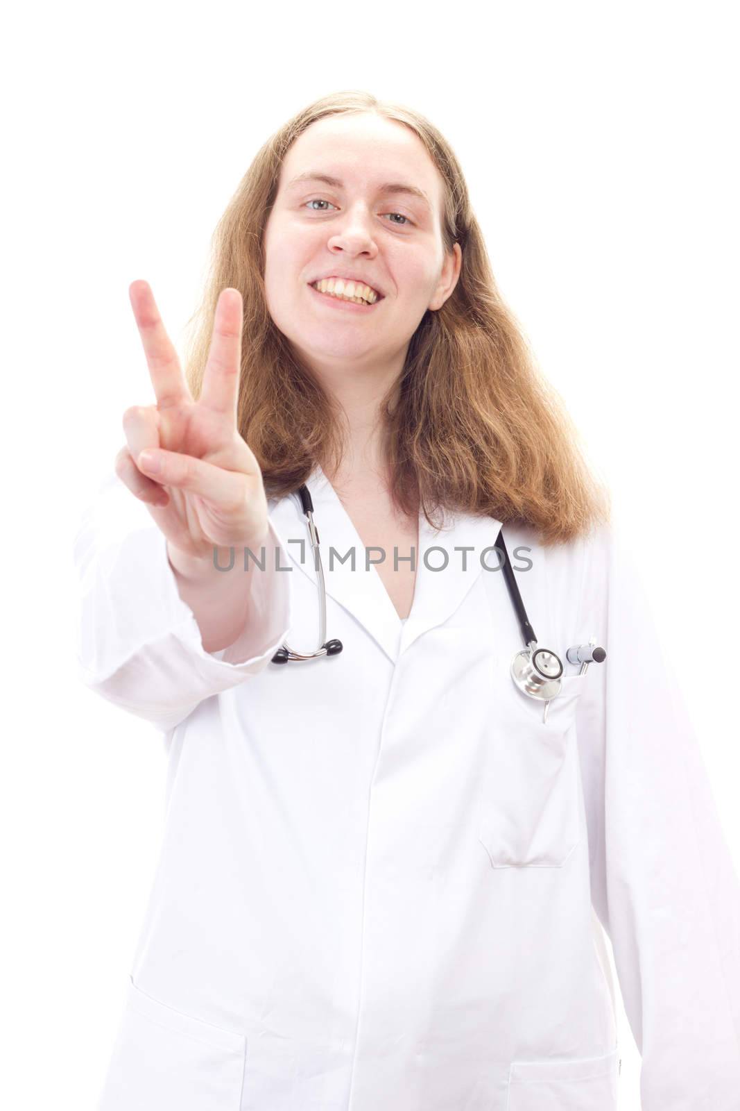 Young female medical doctor showing v sign