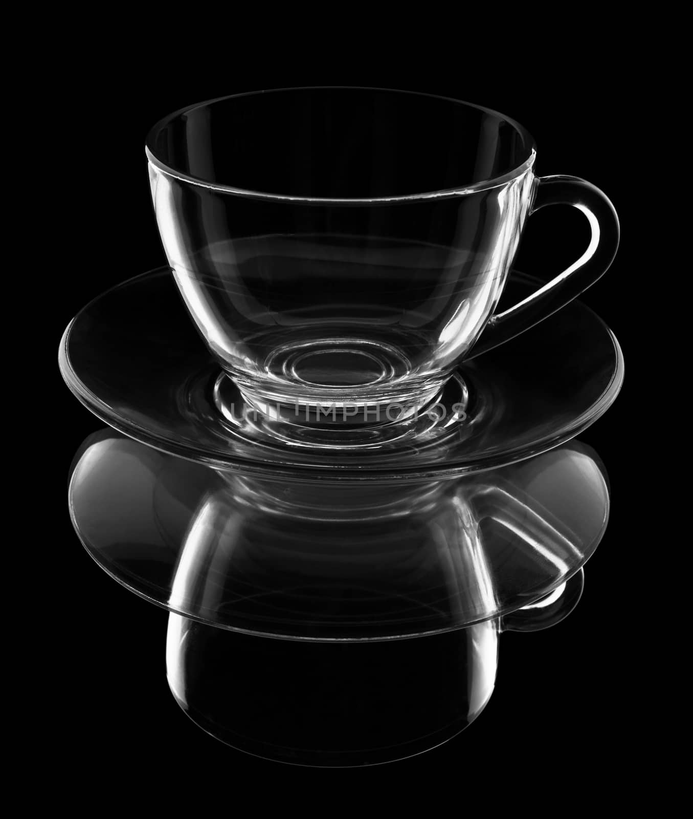 Transparent cup on a plate with reflection it is isolated