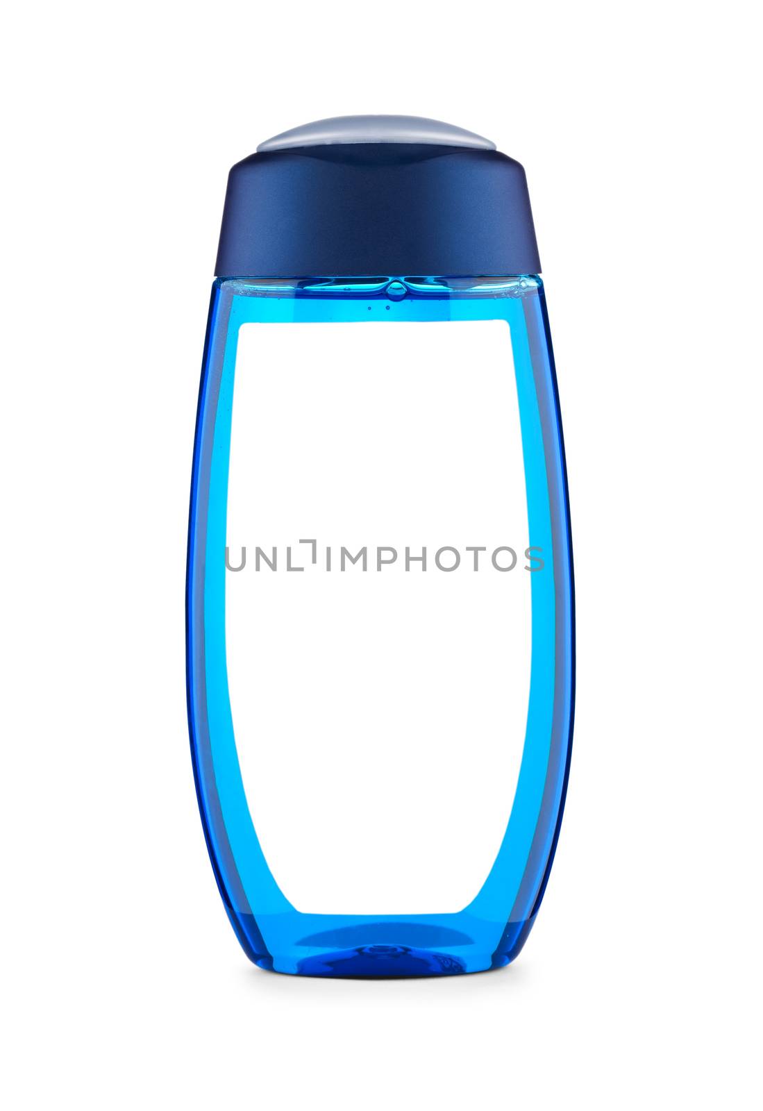 blue shower bottle with label