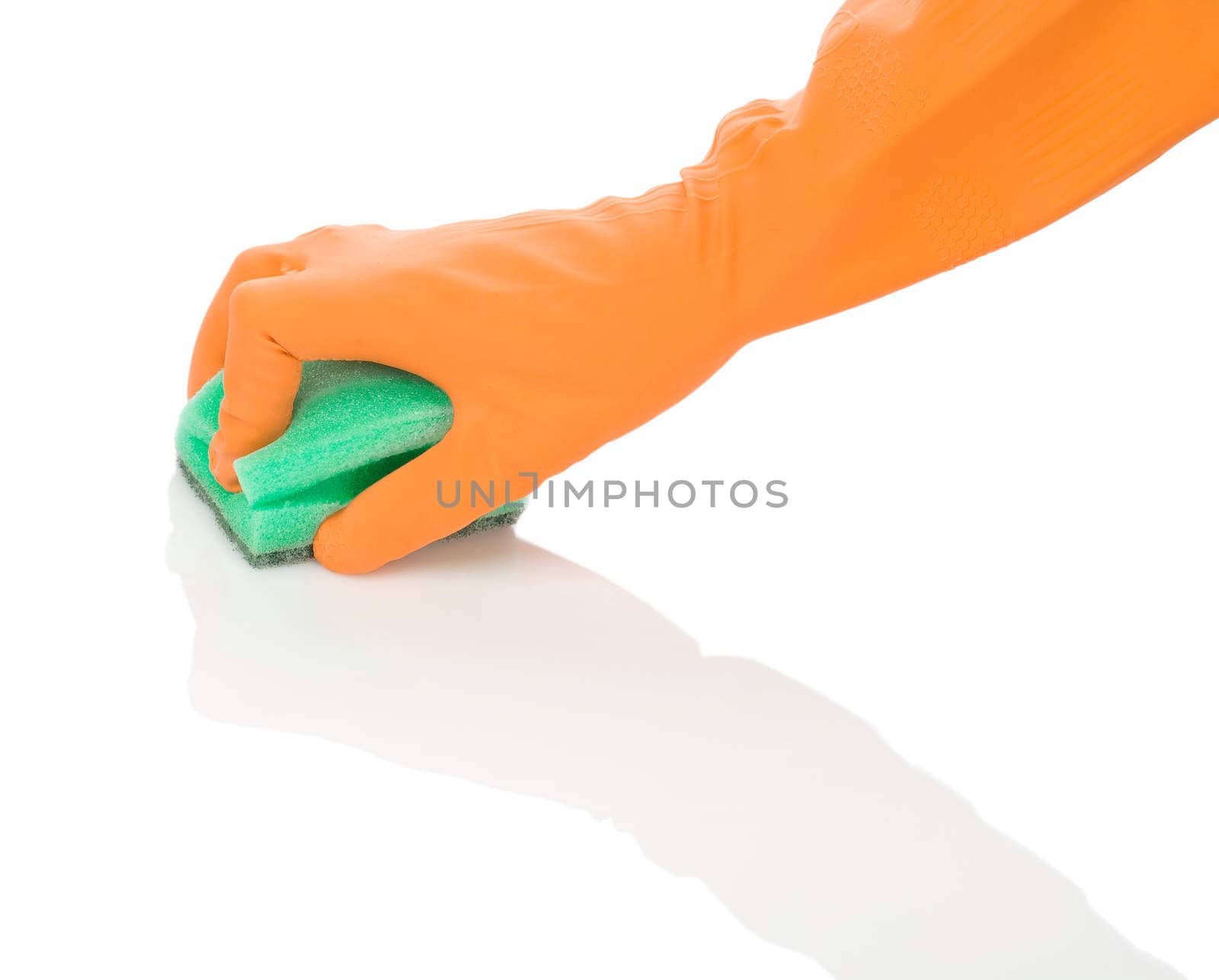 hand in orange glove with sponge