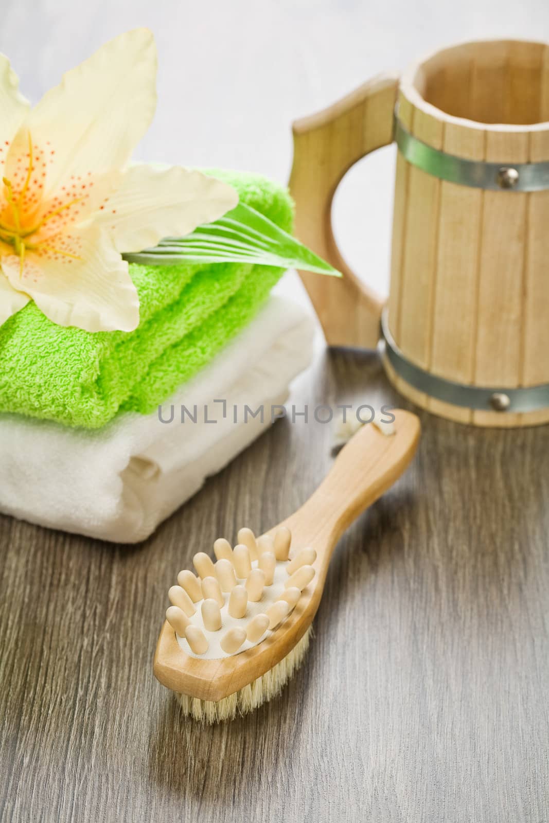 set for bathing on wooden background
