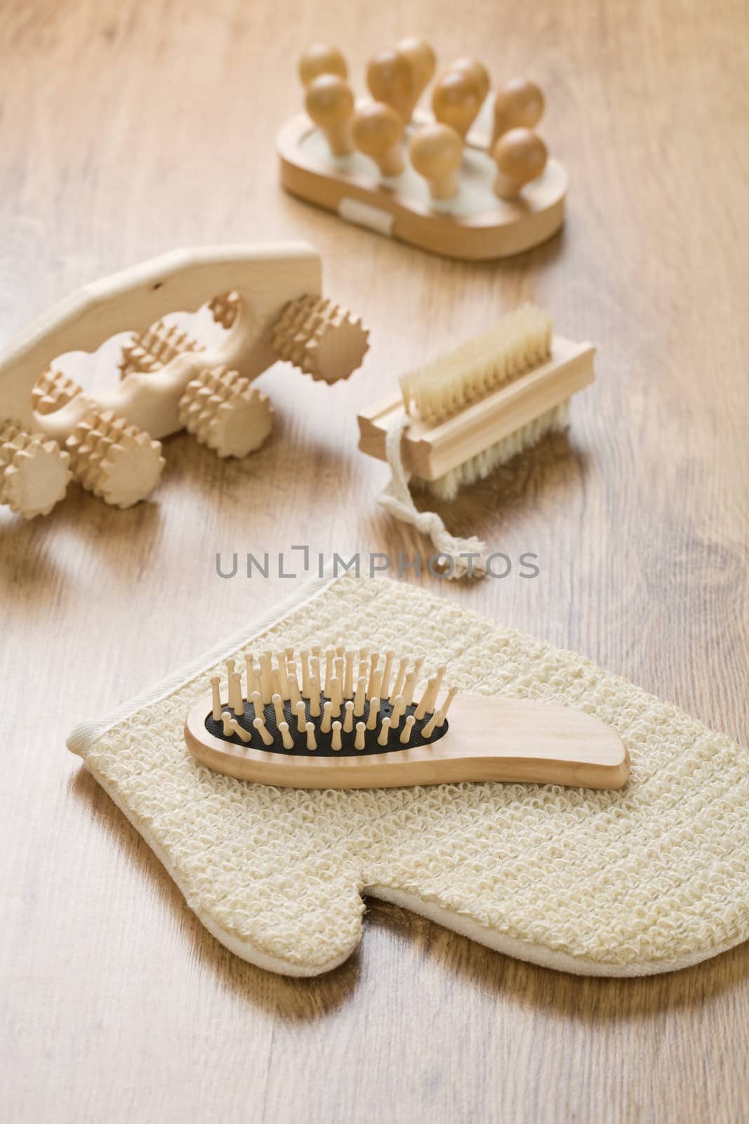 set of wooden objects with bast