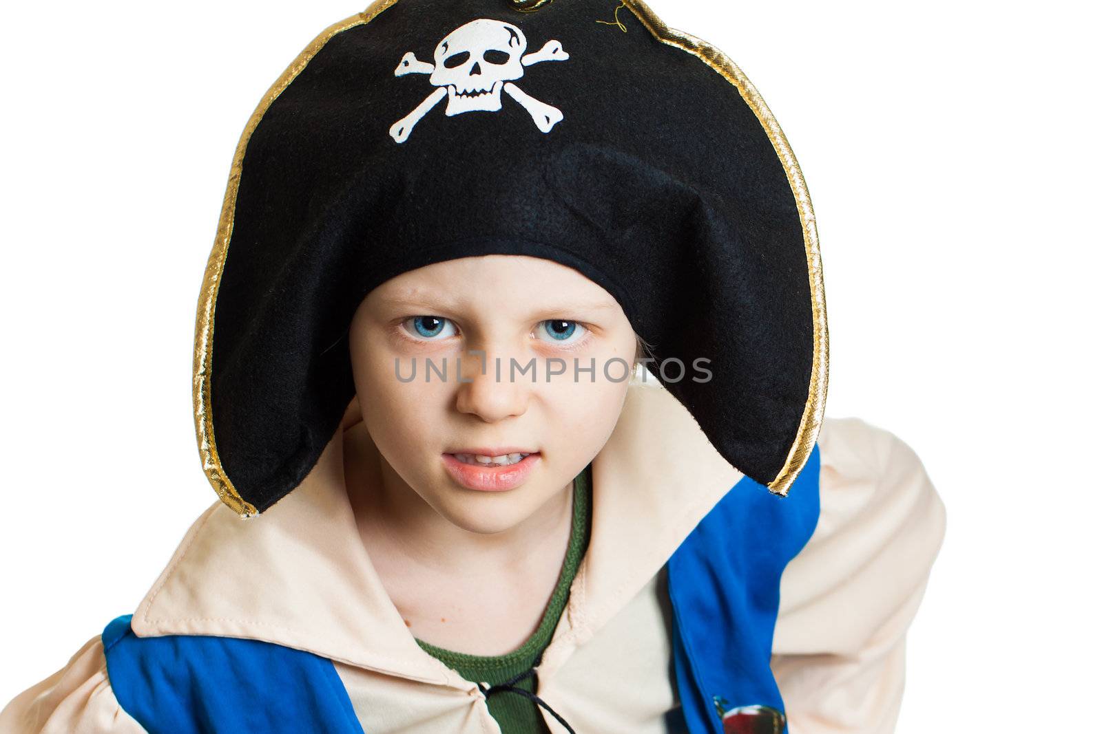 Portrait of a young boy dressed up as a pirate. Isolated on white.