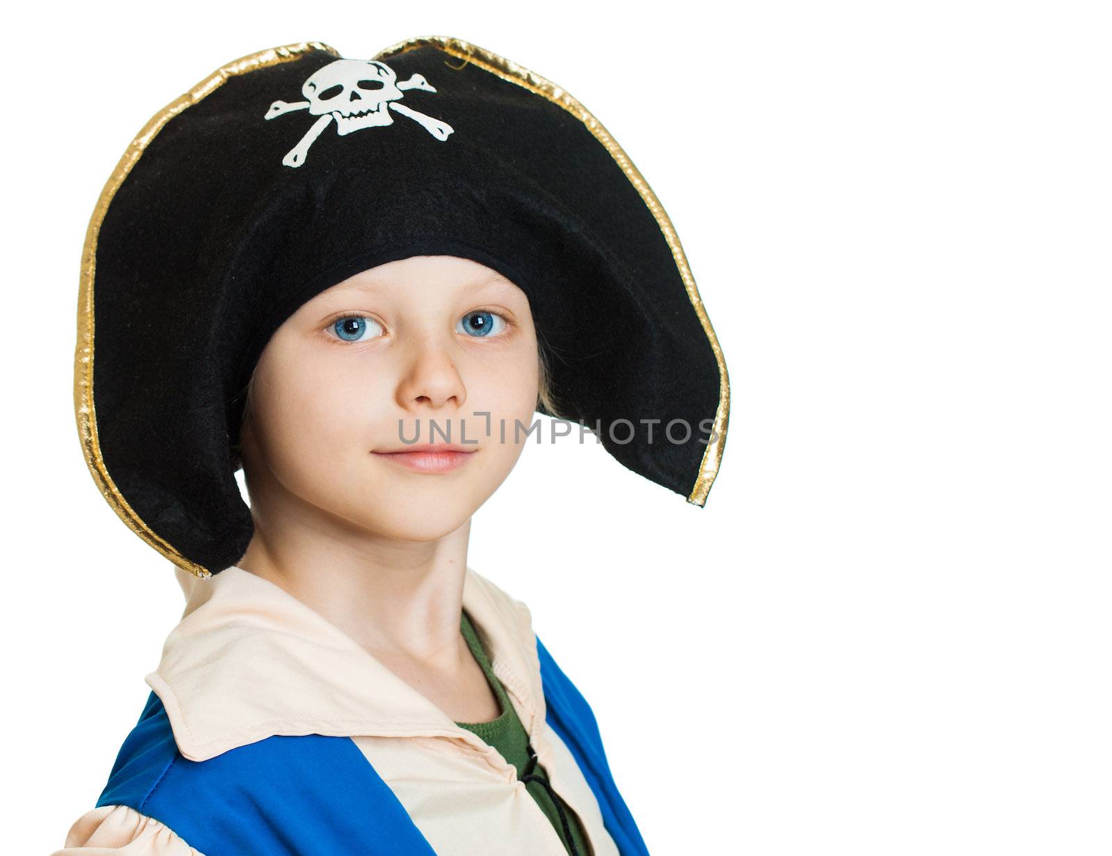 Close-up portrait of a boy dressed as a pirate. Isolated on white.