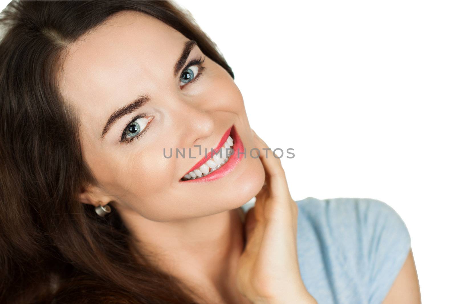 Close-up beauty portrait of a gorgeous woman with perfect skin. Isolated on white.