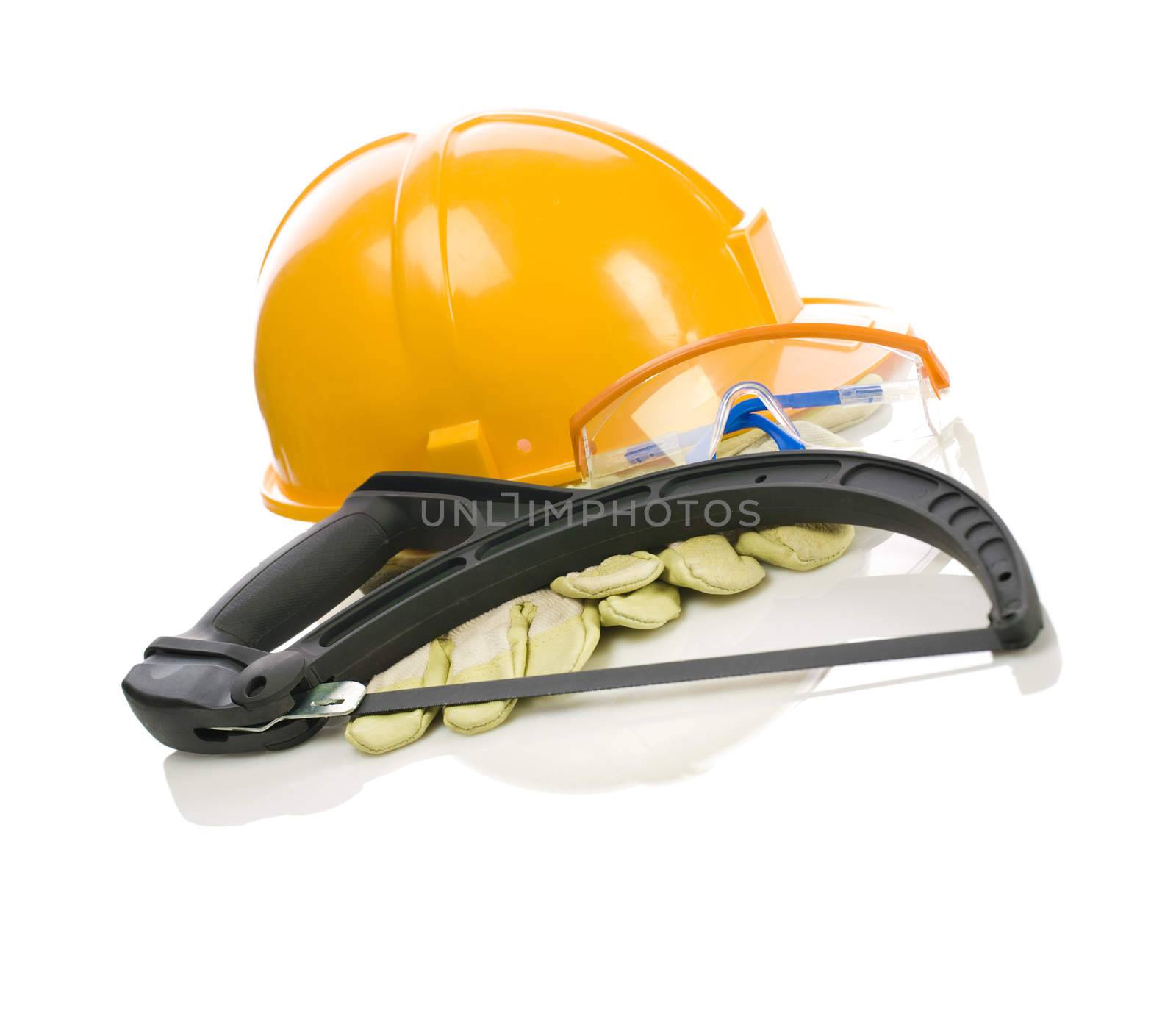 helmet hacksaw and glasses on gloves