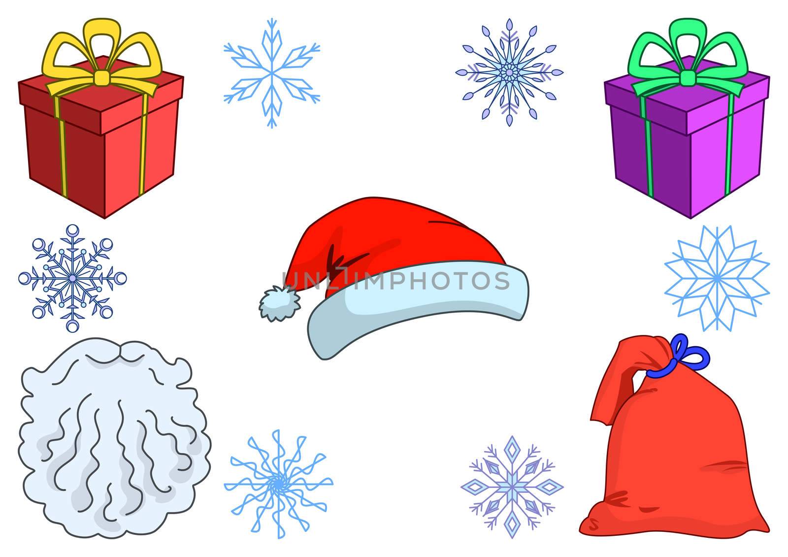 Objects connected with the Santa Claus: gift boxes, a bag with gifts, a beard, a cap, a snowflakes.