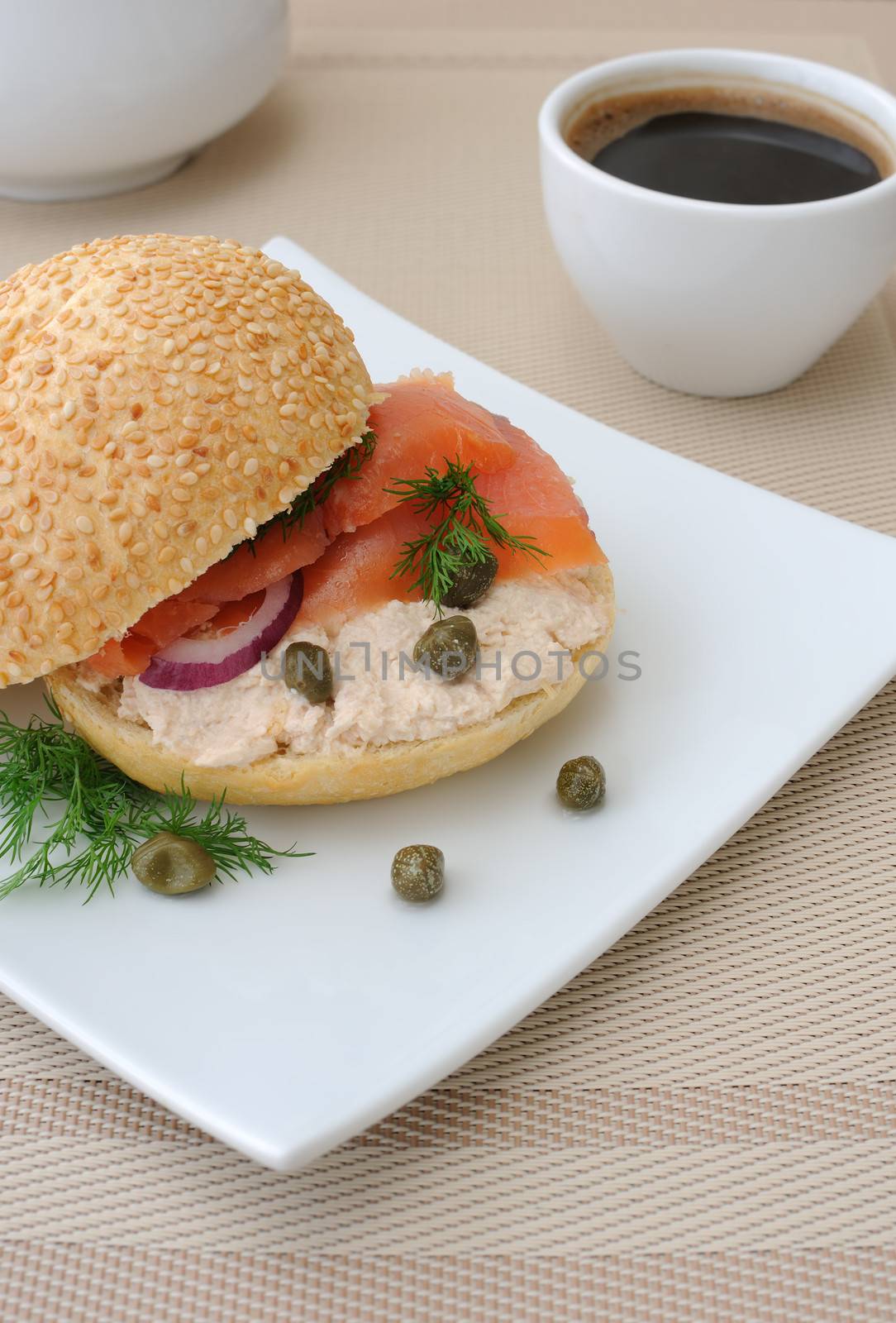 Salmon sandwich and a cup of coffee by Apolonia