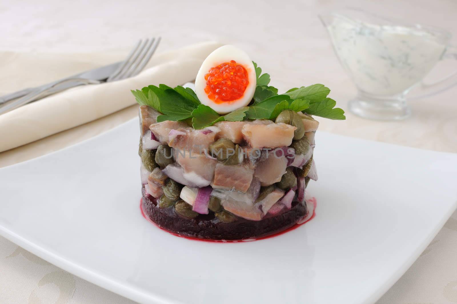 Herring tartare with capers and dill cream sauce