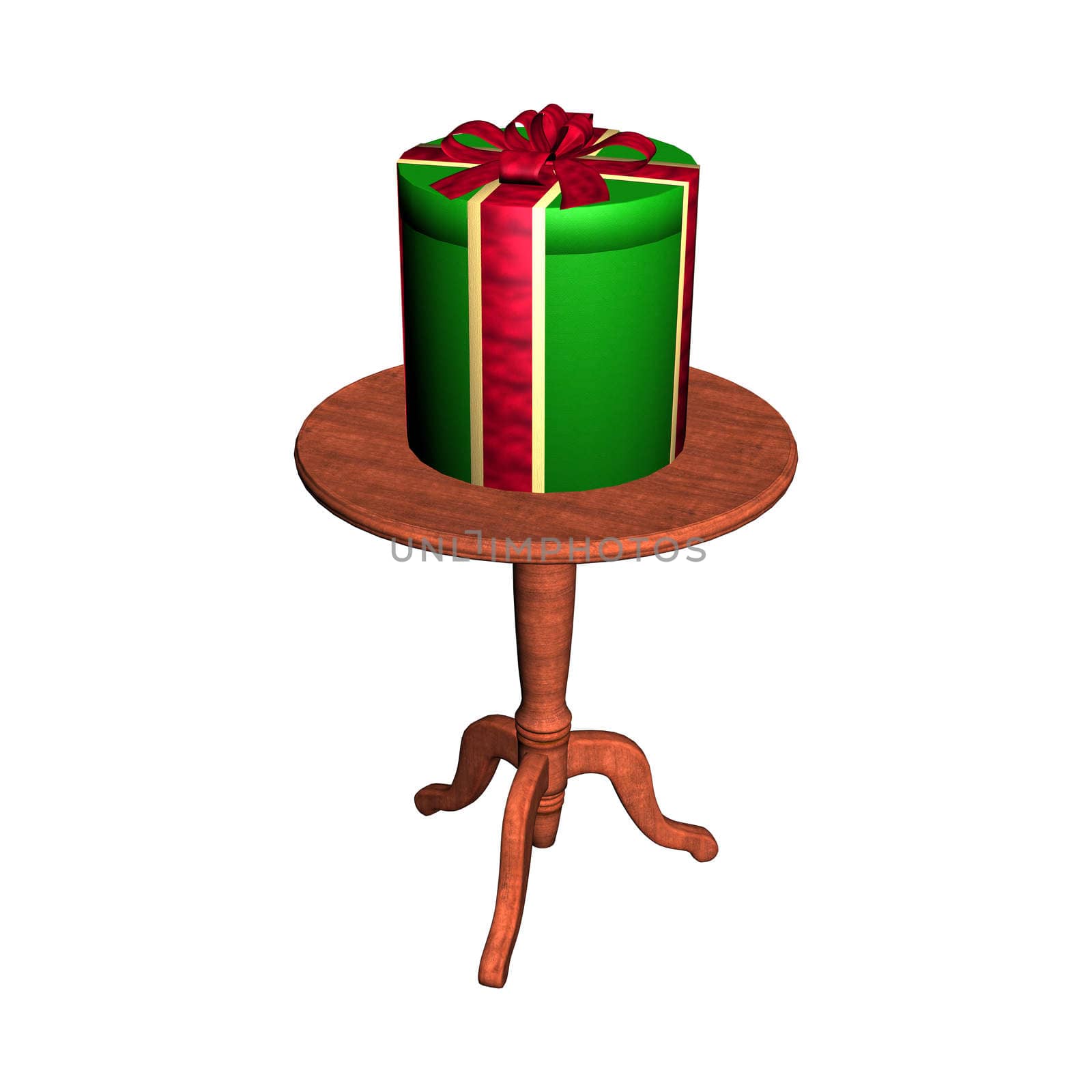 3D digital render of a gift with a red ribbon standing on the table isolated on white background