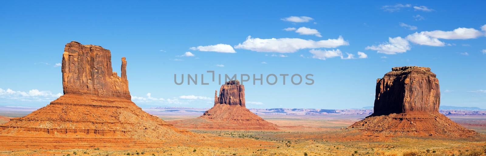 panoramic view of famous Monument Valley with blue sky, USA