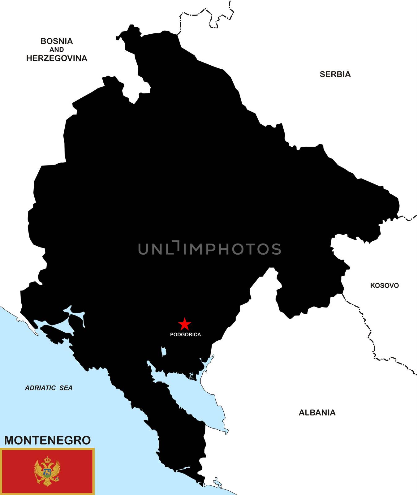 very big size montenegro black map with flag