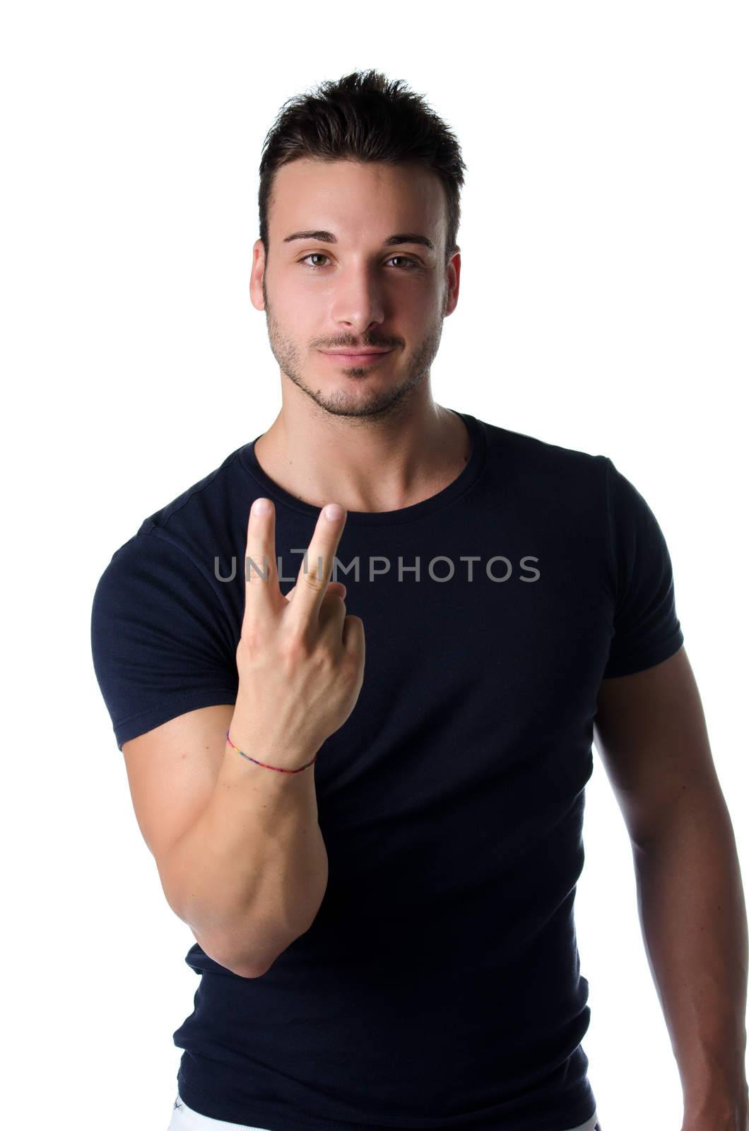 Young man doing British sign for fuck by artofphoto