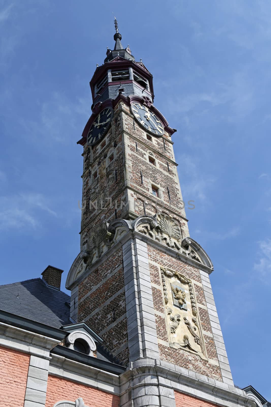 The town hall in the historical centre of Sint-Truiden, Belgium, with a 17th-century tower classified by UNESCO as a World Heritage Site in 1999. The oldest parts of the building date from the 13th century.