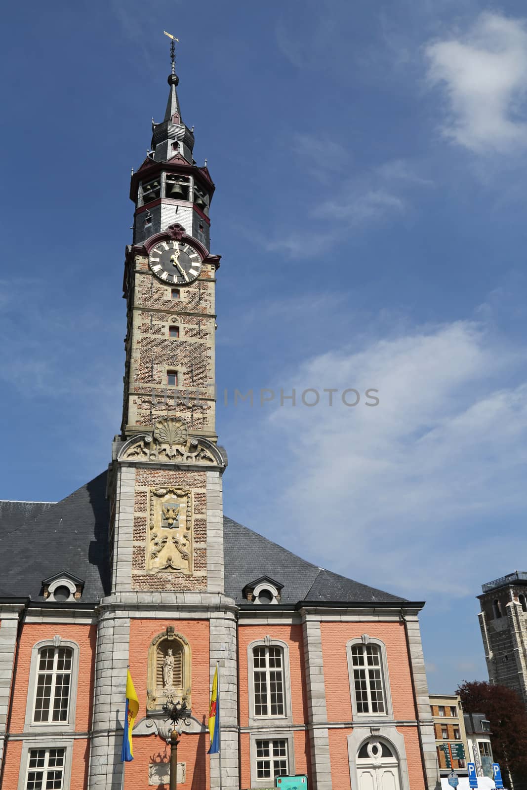 The town hall in the historical centre of Sint-Truiden, Belgium, with a 17th-century tower classified by UNESCO as a World Heritage Site in 1999. The oldest parts of the building date from the 13th century.