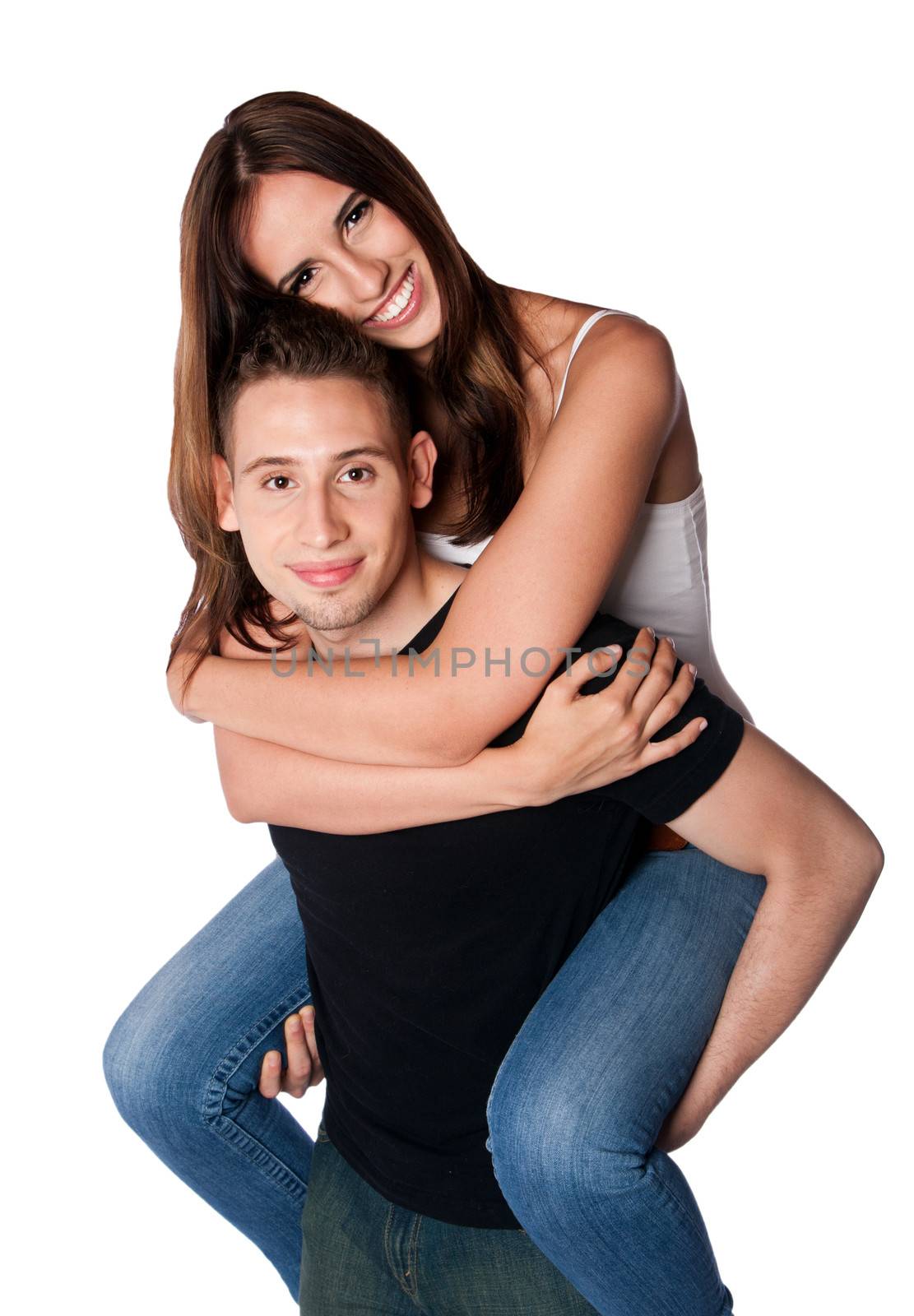 Beautiful happy smiling couple boyfriend girlfriend relationship with love piggyback hugging, isolated.