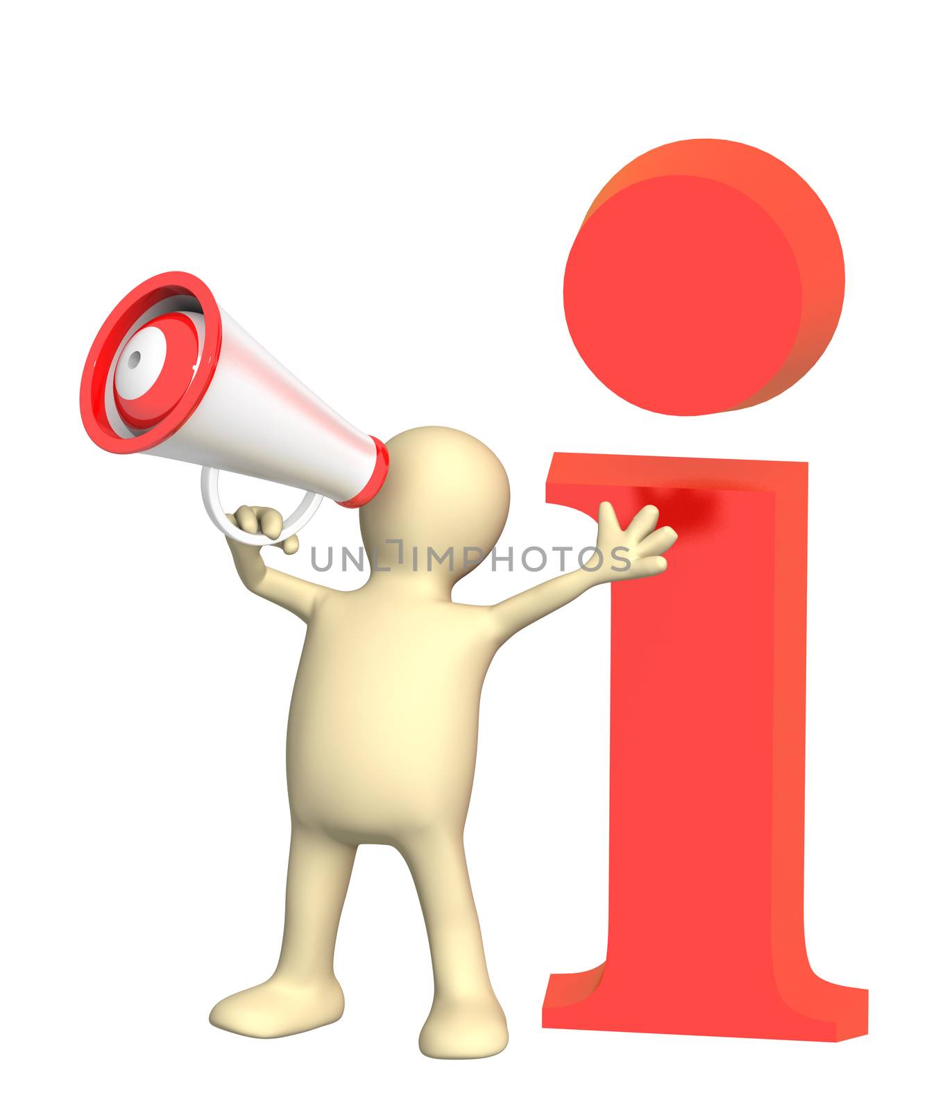 3d person - puppet with megaphone. Isolated over white