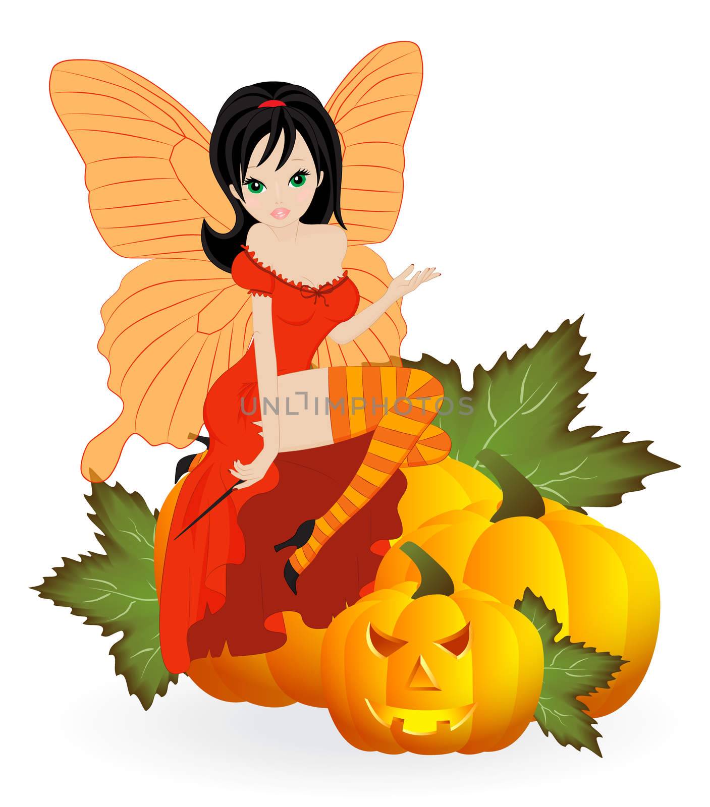 Autumn Fairy in the orange dress is sitting on a pumpkin