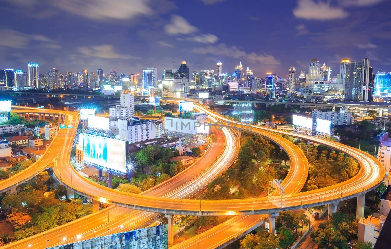Bangkok Highway at Dusk with skyline in Thailand