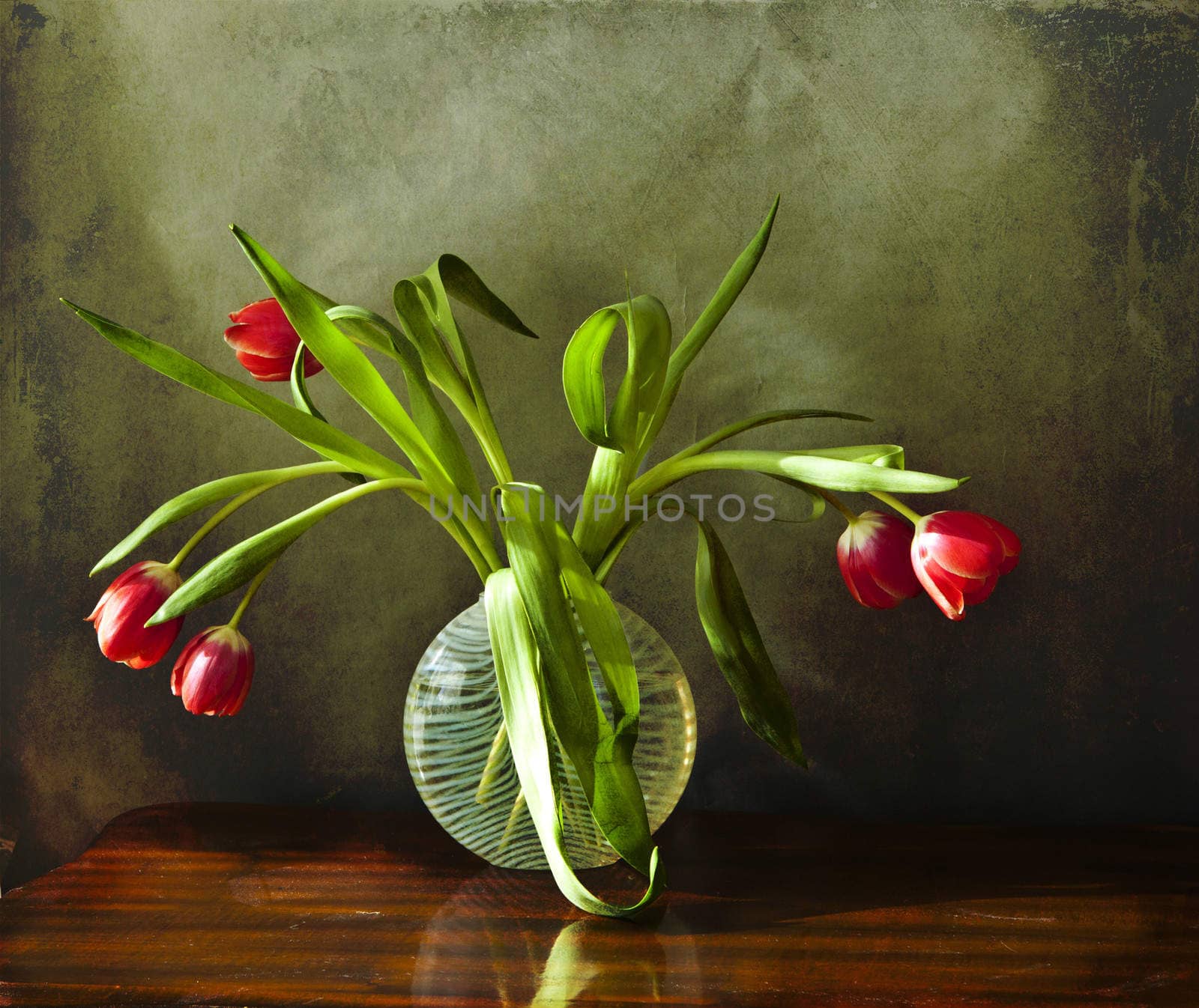 Bunch of red tulips in a glass vase on a wooden table against a green grunge wall