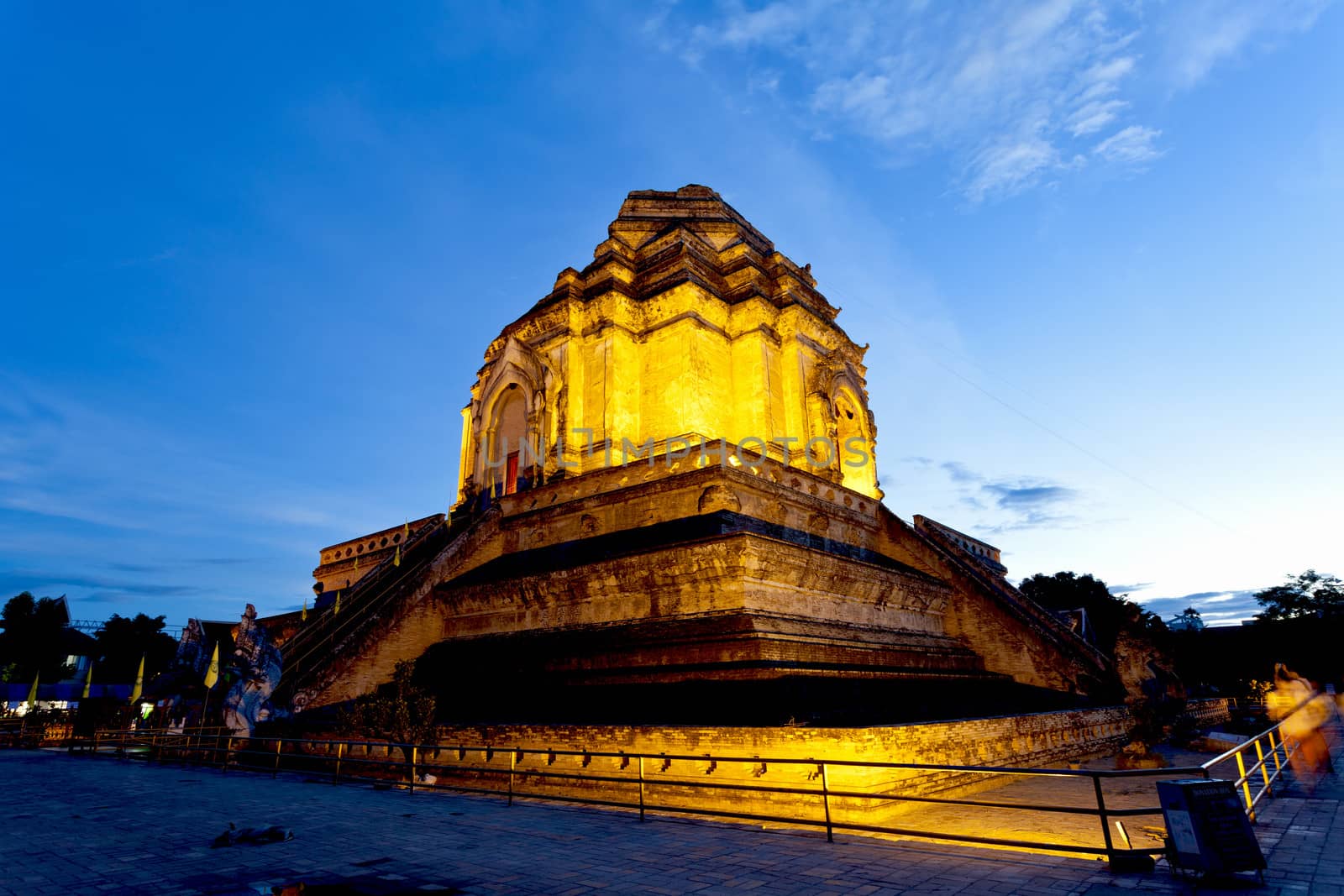 Wat Chedi Luang temple at sunset, Chiang Mai, Thailand.