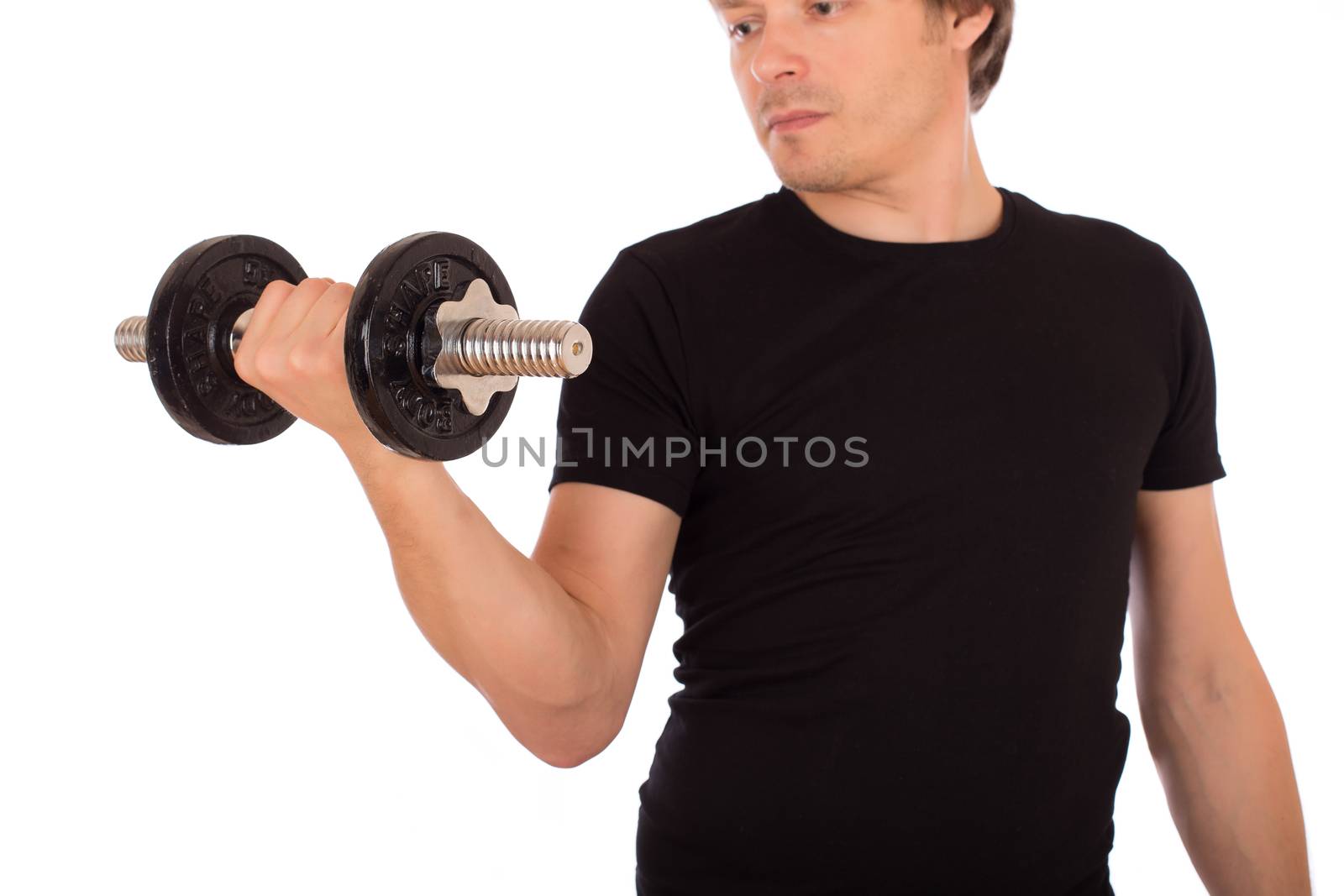 Man doing exercise with a steel dumbbell. Isolated on white background.