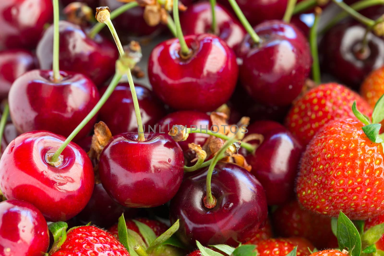 Closeup of red fresh ripe strawberries and cherry.