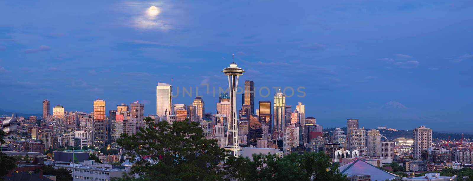 Full Moon Rising Over Seattle Washington Skyline at Blue Hour Panorama