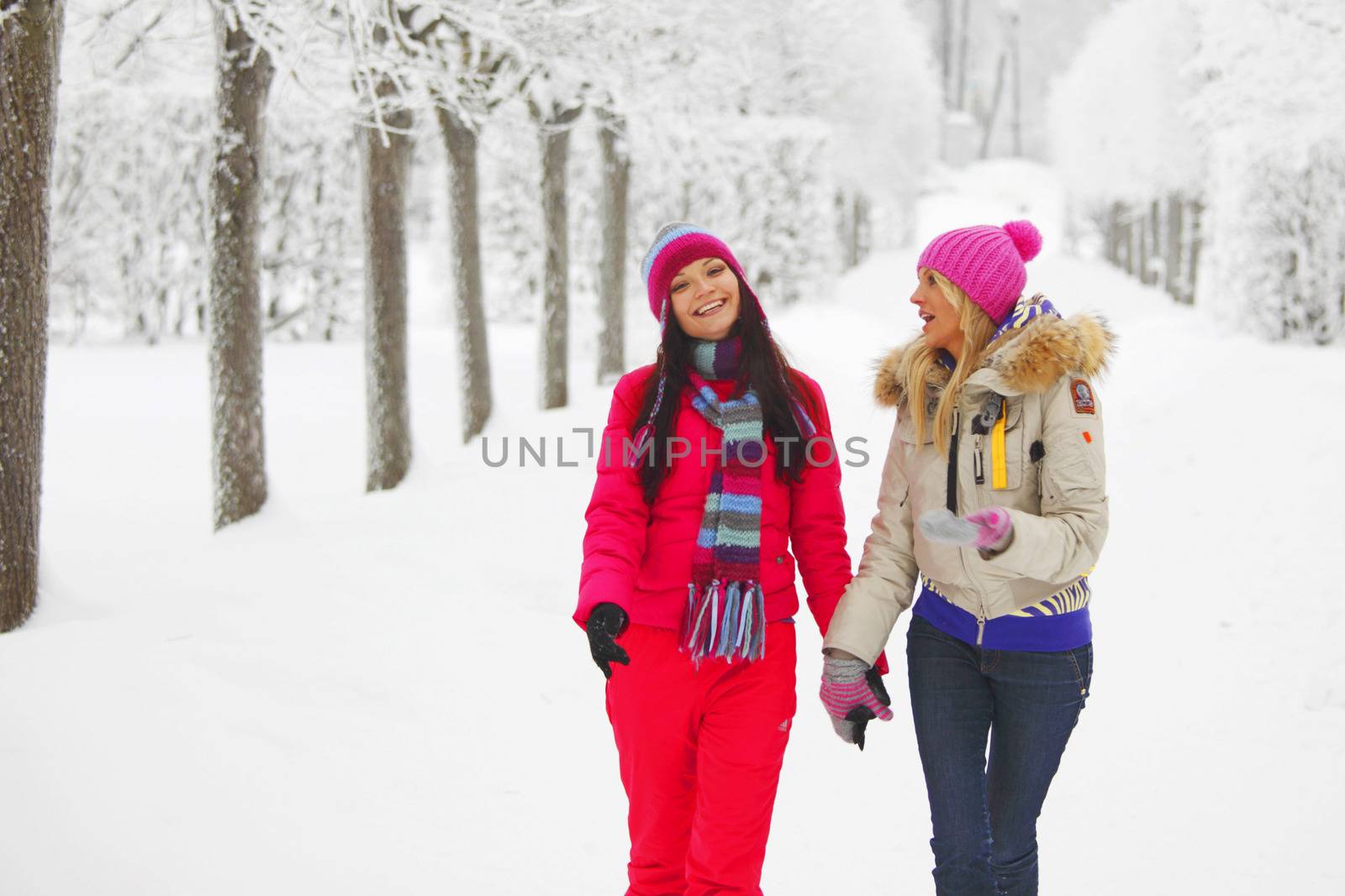 two women walk by winter alley snow trees on background