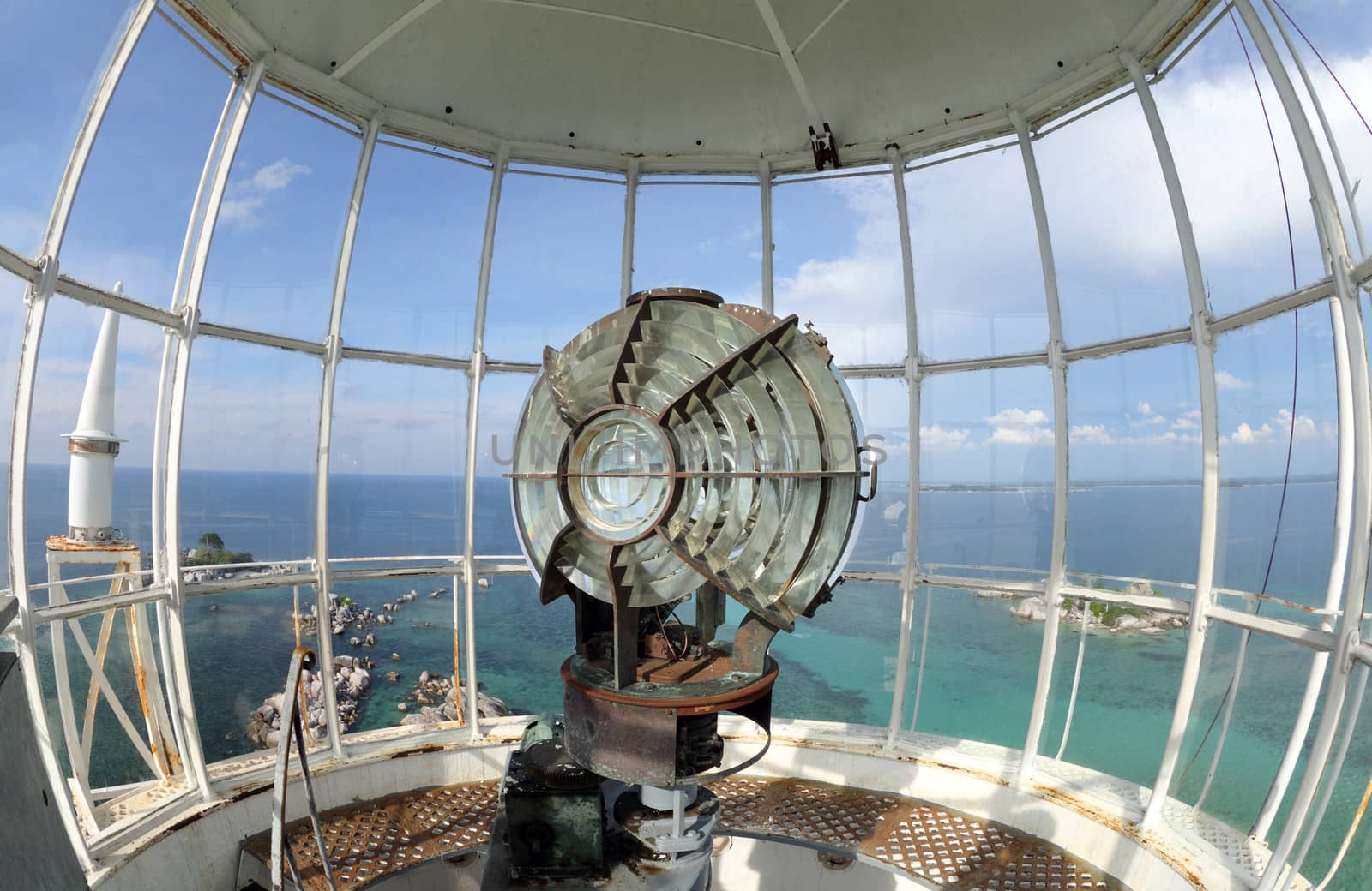 Large fresnel lens of lighthouse beacon