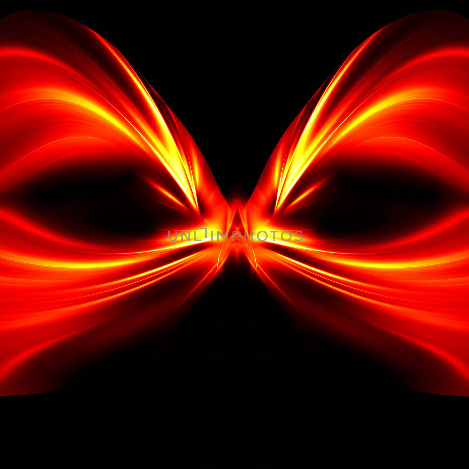Abstract mask of red and yellow rays on black background. High resolution 3D image