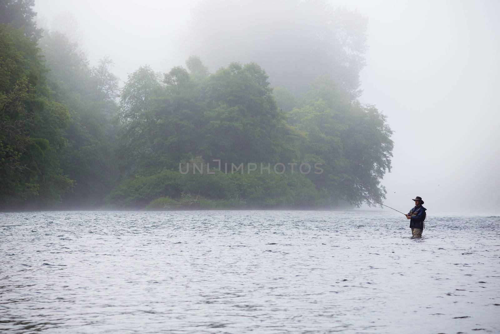 A fly fisher stands in the water and casts a line out while trying to catch steelhead in the pacific northwest. This fly fisherman has a great cast and is very experienced, standing in a foggy scene on the river.