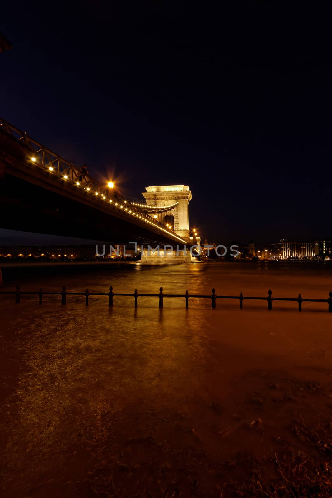 Night image with traffic of the hungarian chain Bridge extremly high donau