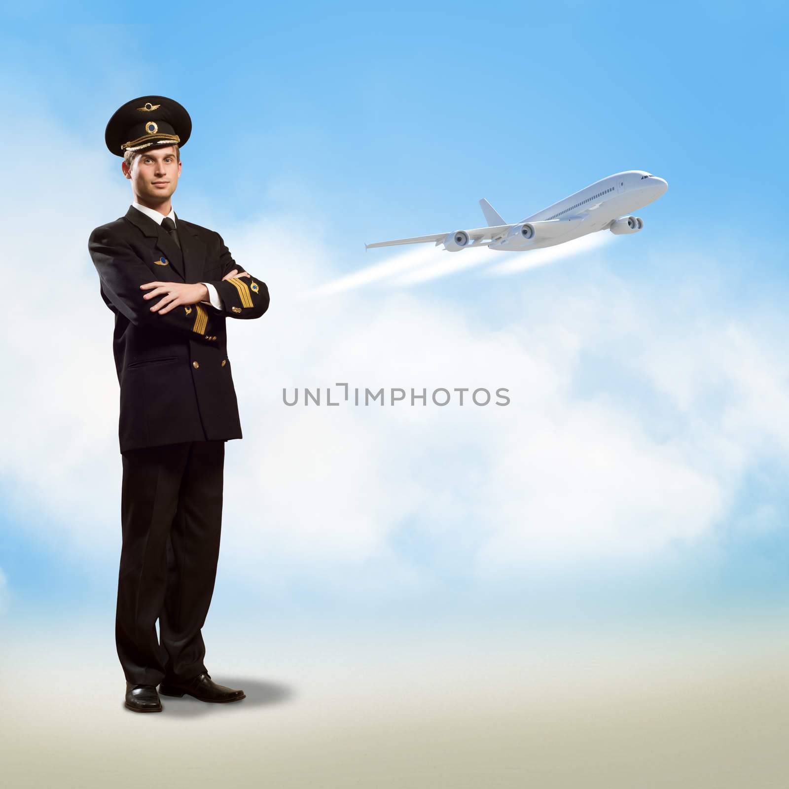 pilot is in the form of arms folded, against the sky, the clouds and the plane