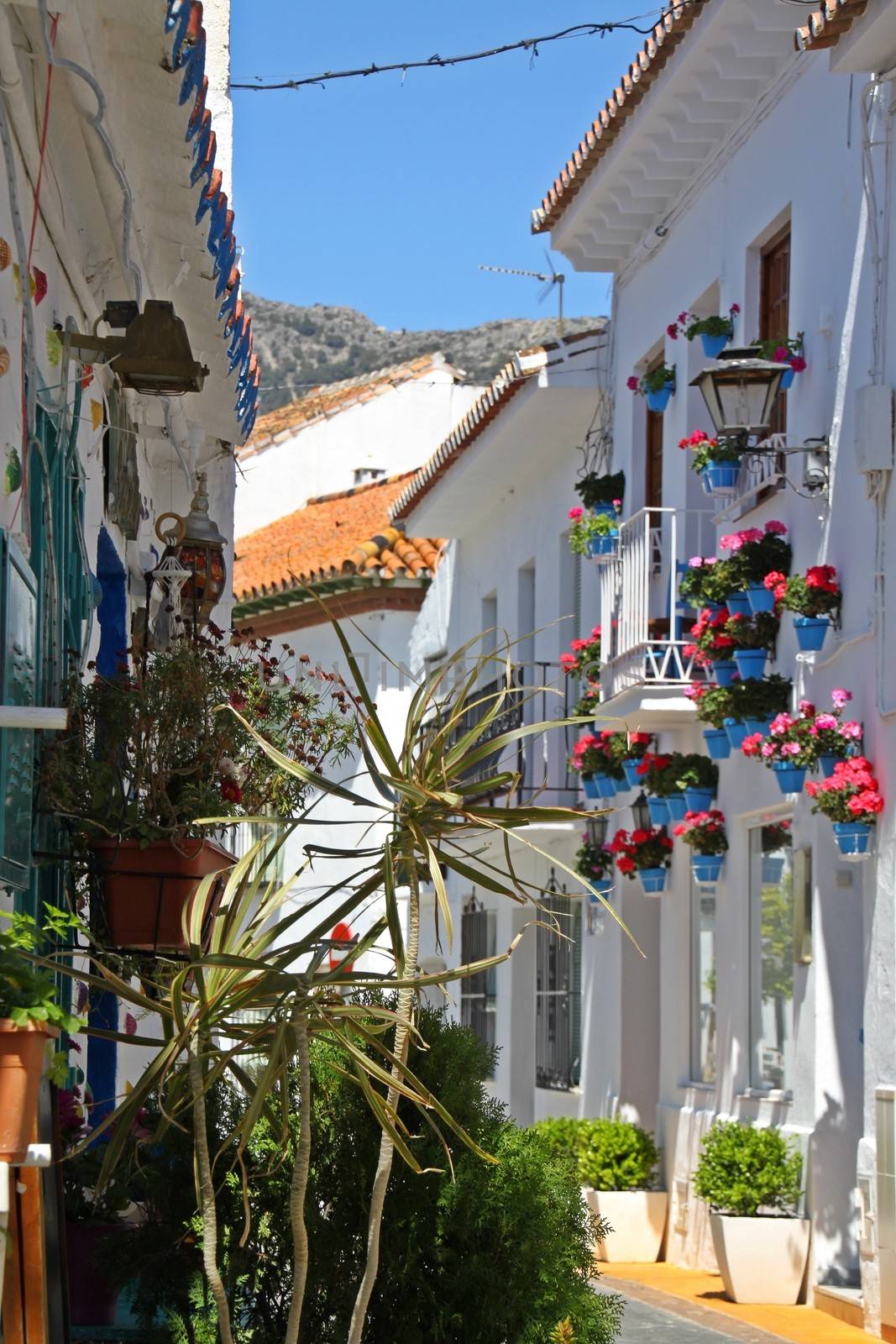 Colourful village street of Benalmadena Pueblo in Malaga province of Andalucia, Spain