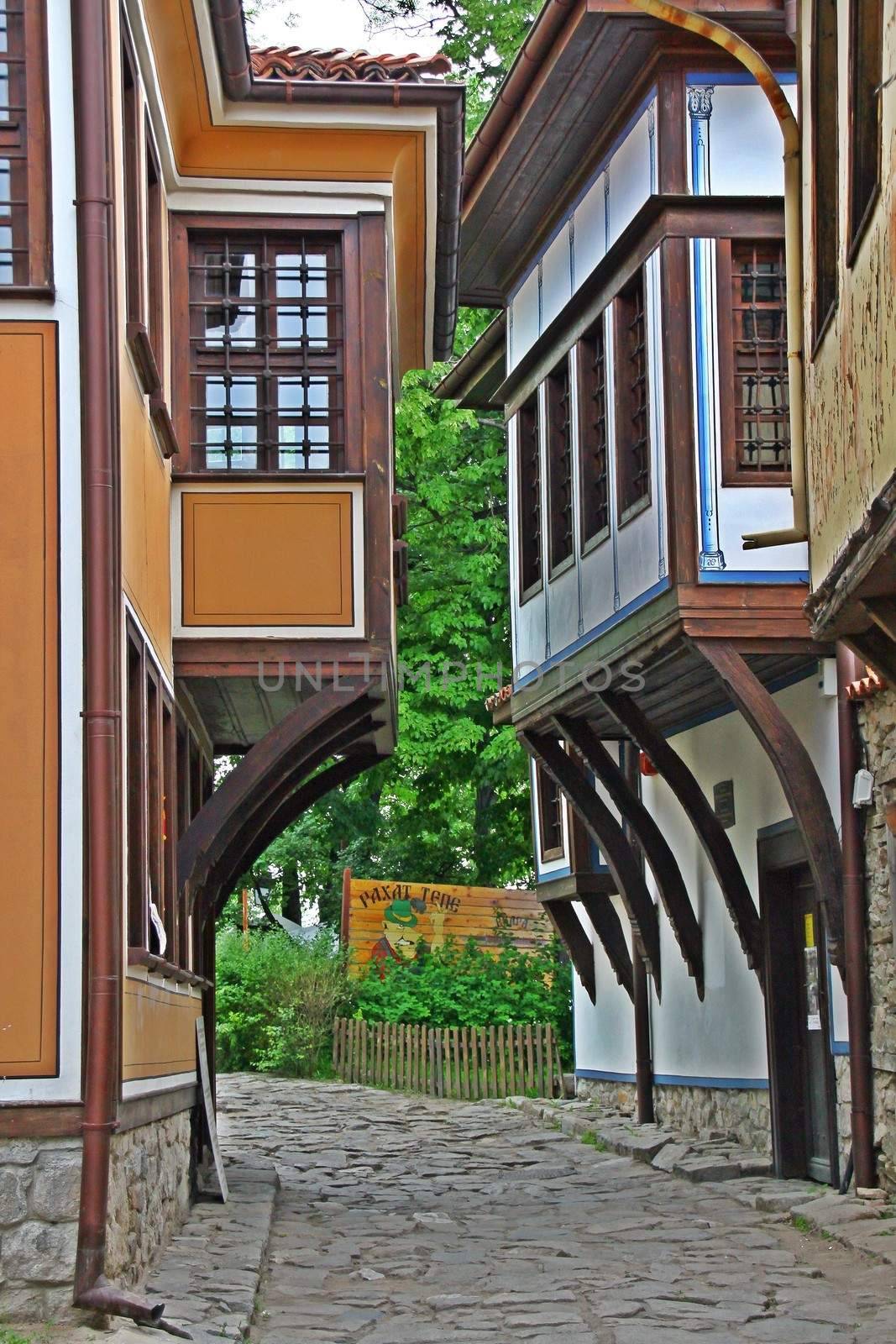 Old cobbled street in the ancient town of Plovdiv, Bulgaria with historic houses dating from the XVI century