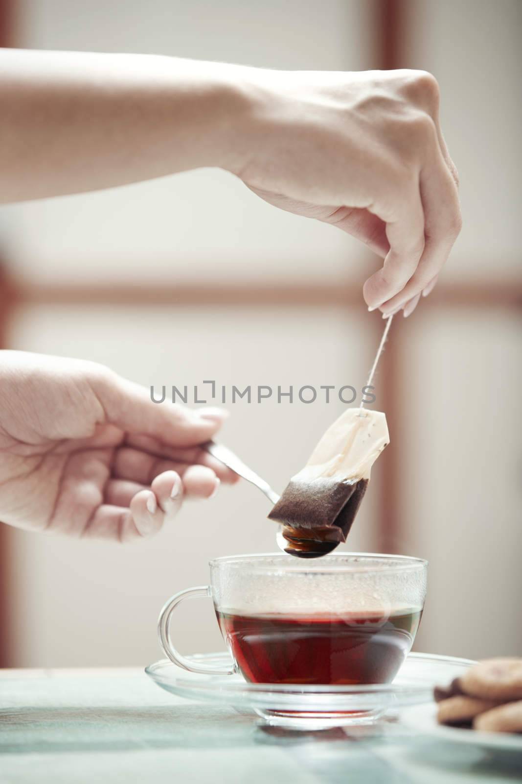 Human hands making tea 