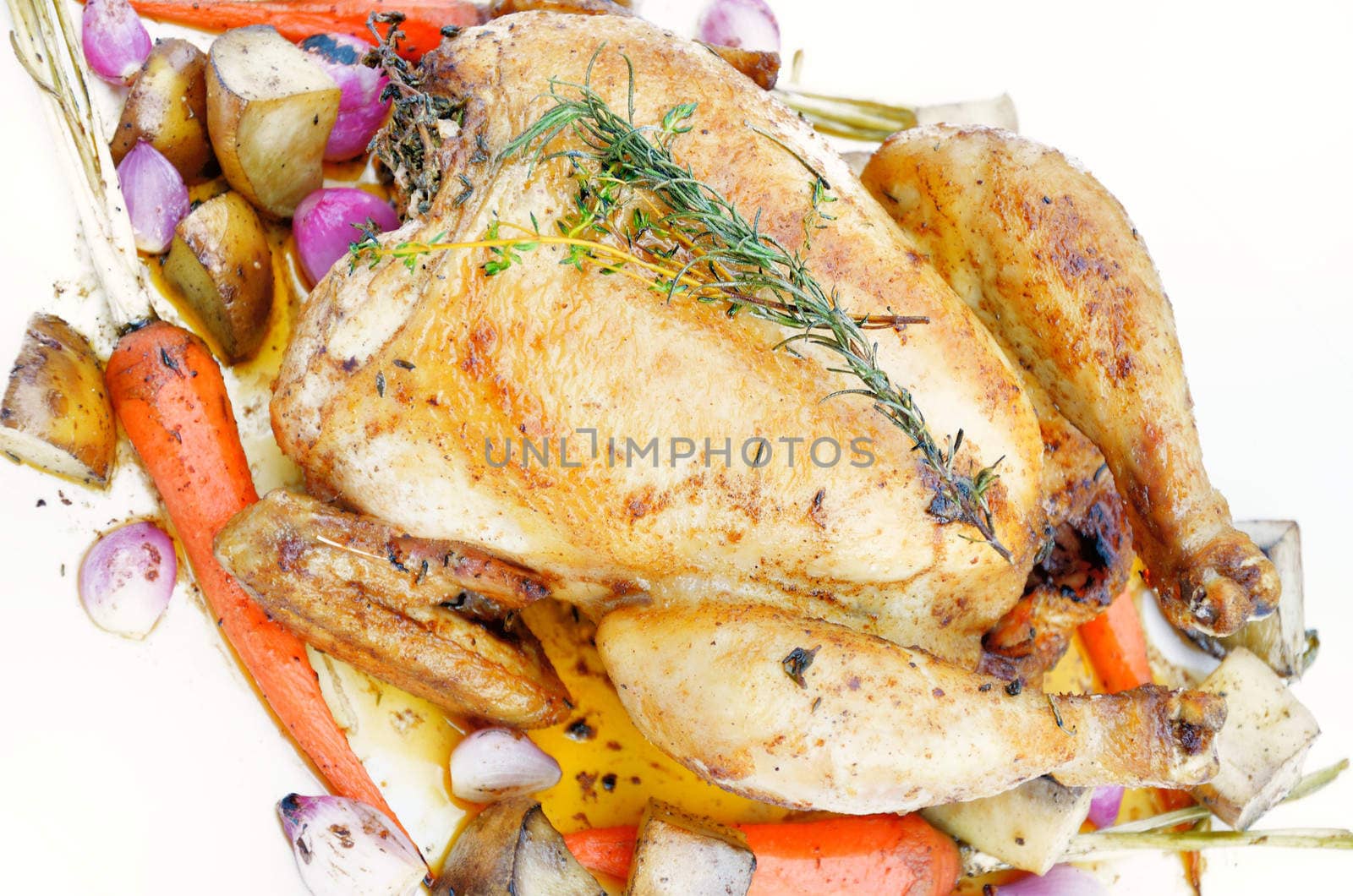 Roast chicken with vegetable isolated, Delicious food