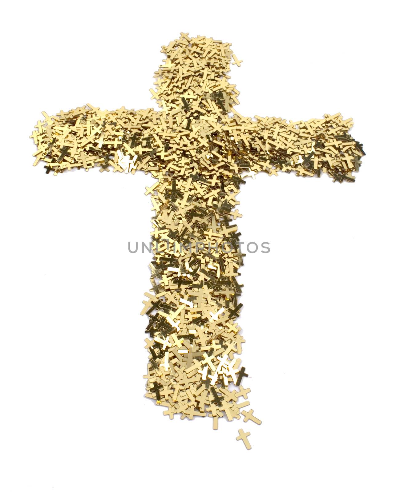A cross made small gold crosses against a white background.