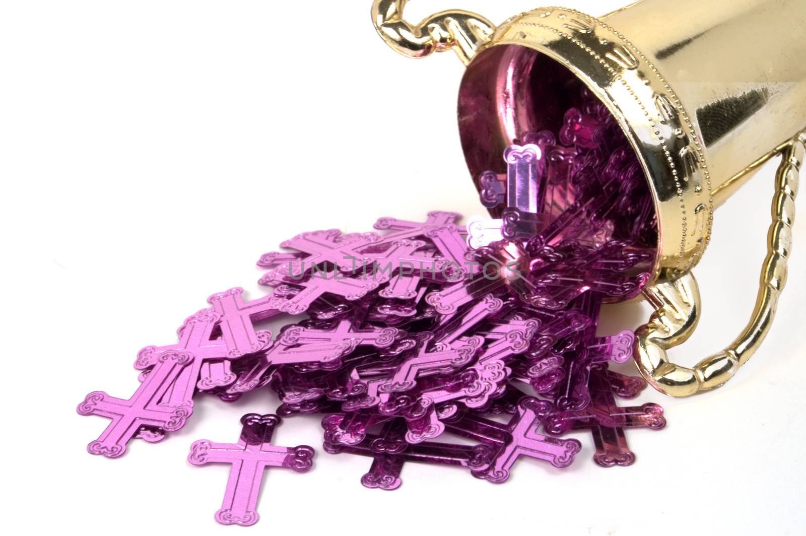 Purple crosses spill out of a golden chalice.